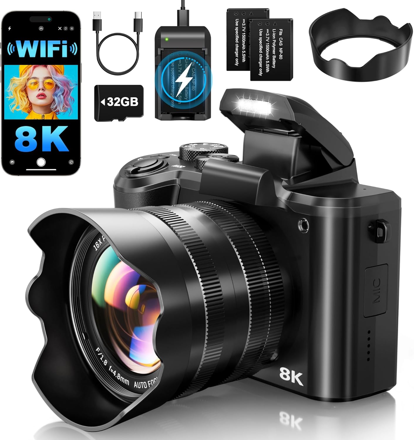 8K Digital Cameras for Photography - Autofocus 88MP WiFi Profession Camera with Dual-Lens - 16X Digital Zoom Photography Camera for YouTube with Lens Hood, Touch Screen, 2 Batteries & Charging Stand - Image 9