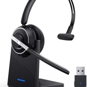Bluetooth Headset, Wireless Headset with Microphone for PC, V5.2 Computer Headset with Noise Cancelling Mic, USB Dongle, Charging Base & Mute Button for Work, Cell Phones, Computer (Black)