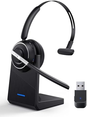 Bluetooth Headset, Wireless Headset with Microphone for PC, V5.2 Computer Headset with Noise Cancelling Mic, USB Dongle, Charging Base & Mute Button for Work, Cell Phones, Computer (Black)